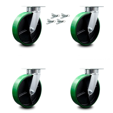 Service Caster 8 Inch Kingpinless Green Poly on Steel Wheel Swivel Caster Set with Swivel Lock SCC-KP30S820-PUR-GB-BSL-4